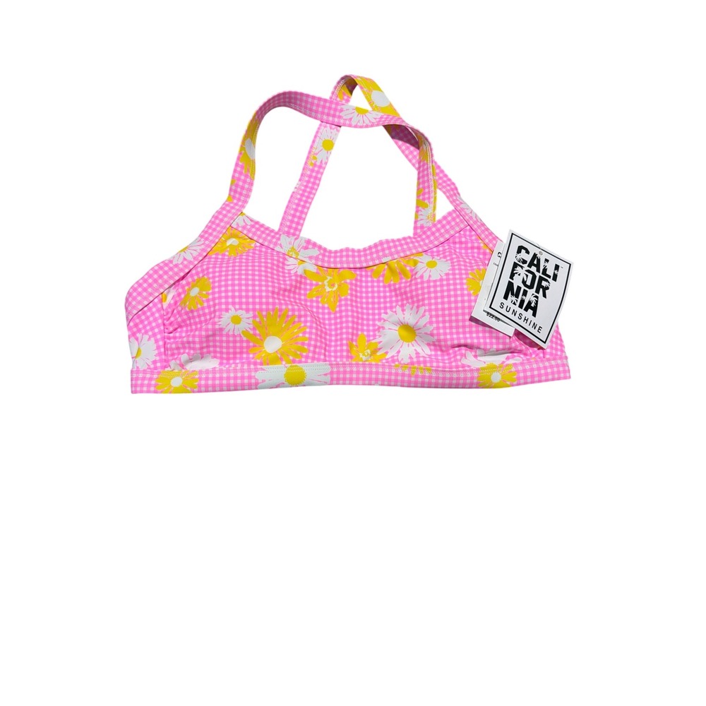 California Sunshine Pink Gingham Daisy Bikini Top Floral Bralette Large NWT